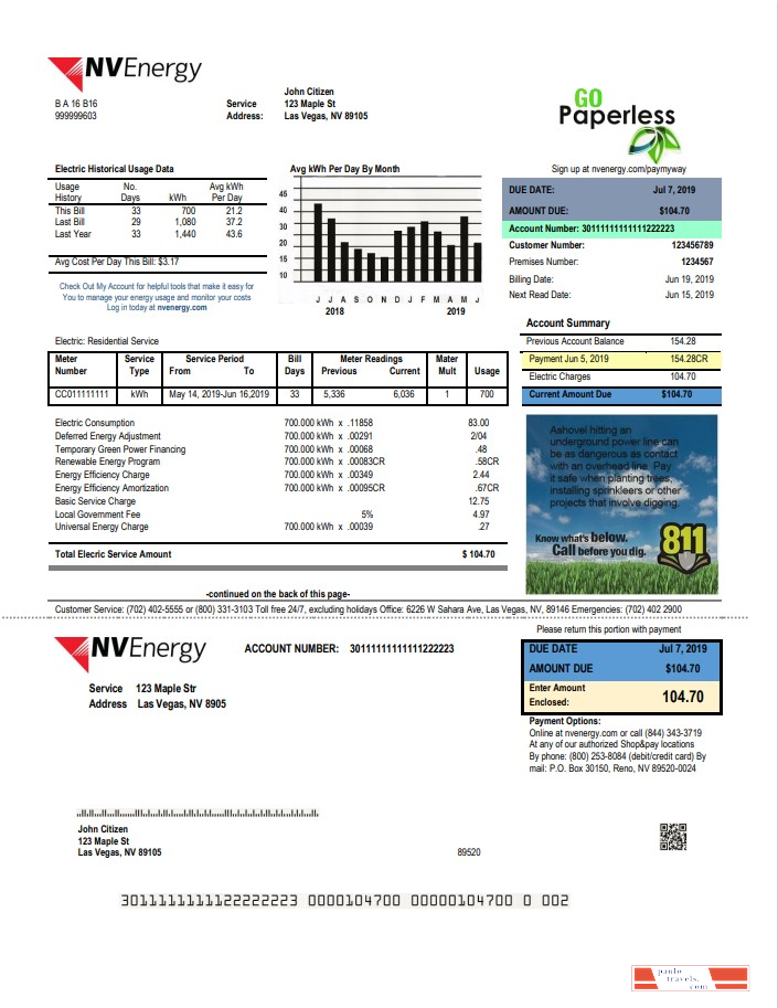 USA Nevada NV Energy utility bill template in Word and PDF format